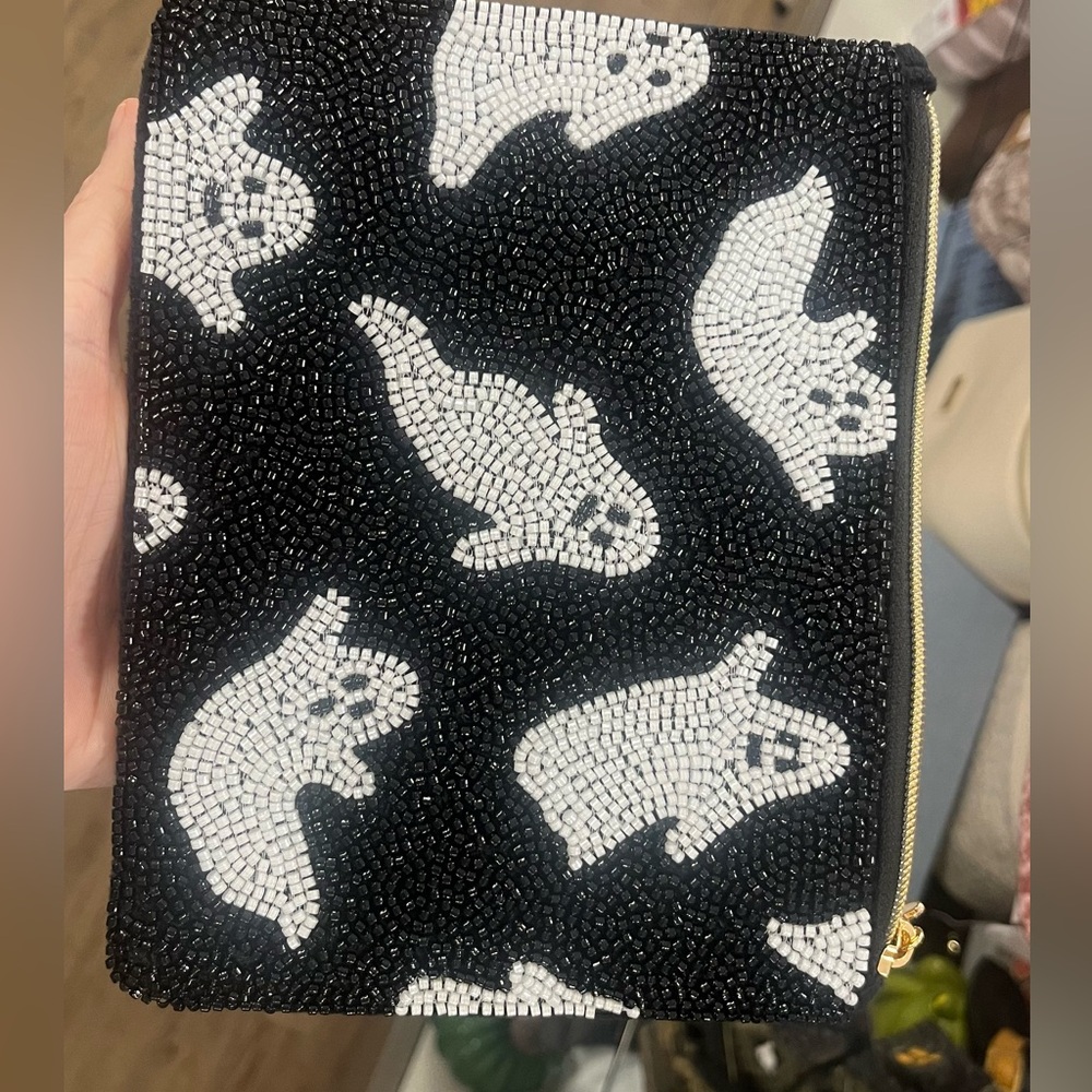 Black and white beaded ghost pouch